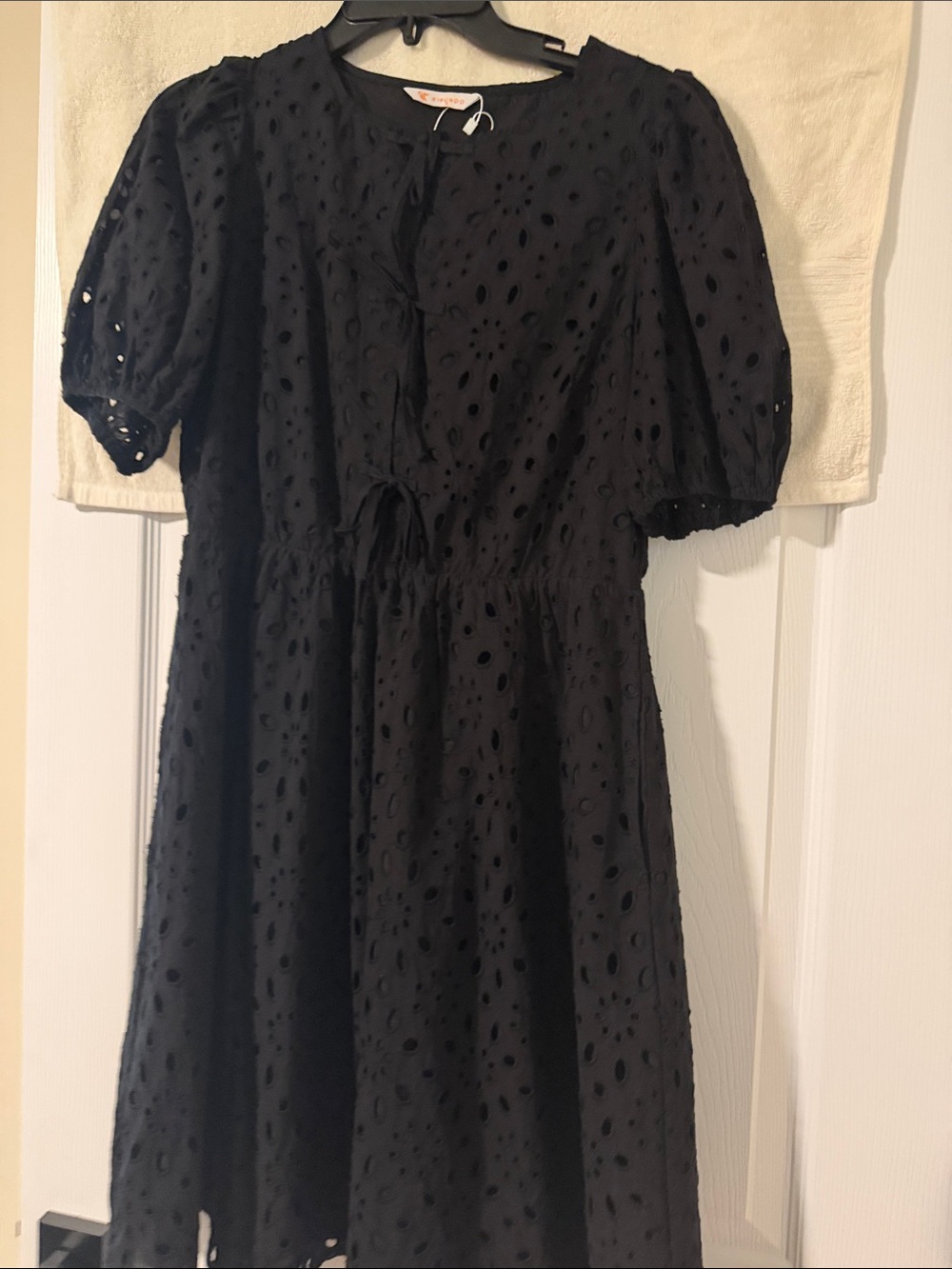 Black Eyelet Puff-Sleeve Midi Dress